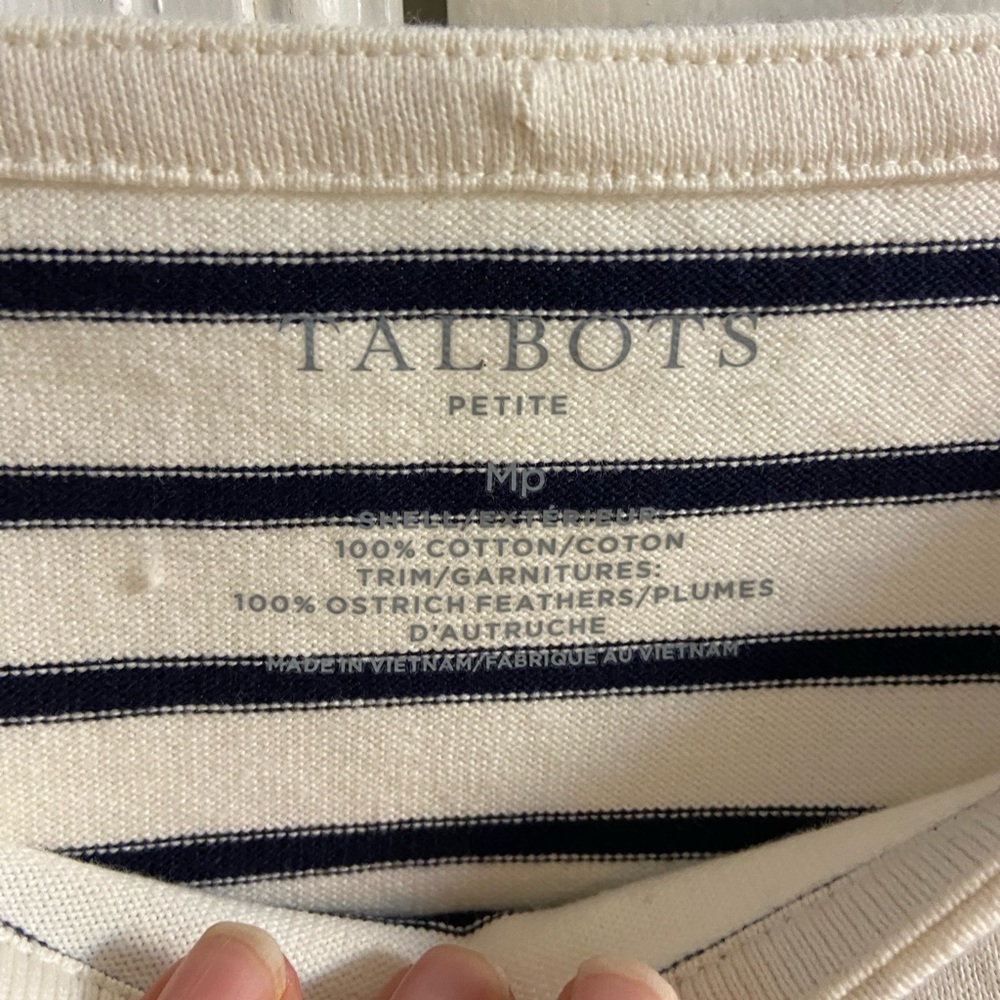 Talbots Cream and Navy Stripe Feather-Cuff Boatneck Top medium petite - Picture 4 of 4